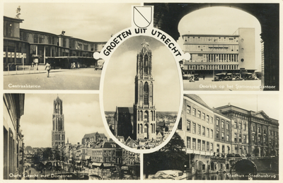 602769 Collage van gezichten te Utrecht:- Centraal Station- Stationspostkantoor- Oudegracht en Domtoren- 3e ...